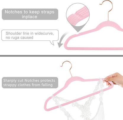 MIZGI Kids Velvet Hangers,Non-Slip Big Kids Hangers,14 Inch Hangers for Youth,Teen Clothes,Pack of 50（Pink/Rosegold）