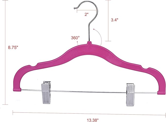 Quality Kids Children's Plastic Non Velvet Non-Flocked Thin Compact Shirt and Skirt/Pant Bundle Coat Hangers with Metal Clips for Skirts Pants Blouses 360° Swivel Hook, Jacket, Pink