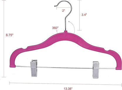 Quality Kids Children's Plastic Non Velvet Non-Flocked Thin Compact Shirt and Skirt/Pant Bundle Coat Hangers with Metal Clips for Skirts Pants Blouses 360° Swivel Hook, Jacket, Pink