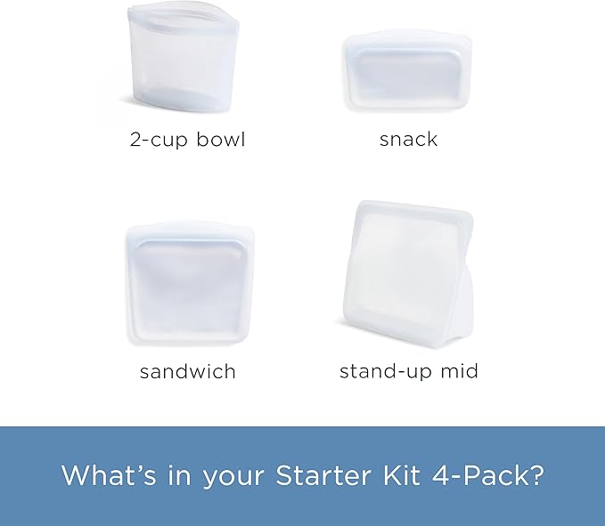 Stasher Silicone Reusable Storage Bags, 4-Pack Starter Kit, Reusable Freezer Bags, Microwave, Dishwasher, Oven Safe, Sous Vide, Premium Lunch Containers, Eco Friendly, Food Storage Bags, Clear | Reusable Food Bags