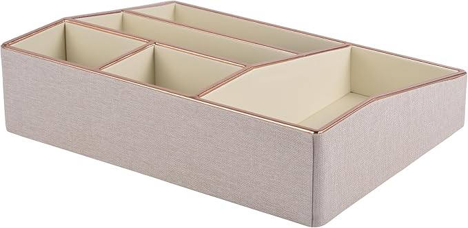 PU Leather Makeup Organizer Tray,Large Vanity Organizer,Cosmetic Storage Box for Lipstick Brushes Skincare Perfume,Cosmetic Display Case Rose Gold-trimmed for Dresser,Bathroom Countertop(Beige)