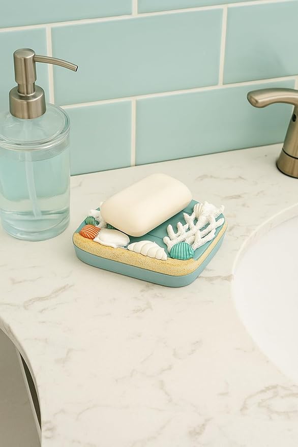 The Bridge Collection Coastal Starfish and Seashell Soap Dish - Nautical Ocean Themed Bathroom Accessory - Coral and Shell Design Beach House Decor
