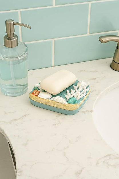 The Bridge Collection Coastal Starfish and Seashell Soap Dish - Nautical Ocean Themed Bathroom Accessory - Coral and Shell Design Beach House Decor