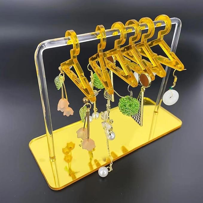 Earring Hanger Rack with 8 Mini Coat Hangers, Acrylic Earring Holder Display Stand, Ear Studs Hanging Earrings Organizer For Women Girls, Yellow