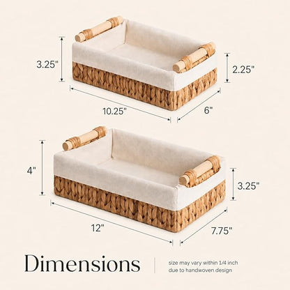 Water Hyacinth Bathroom Baskets for Shelves Set of 2 with Linen Liner & Wooden Handles – Wicker Bathroom Counter Organizer for Vanity, Towels & Toiletries