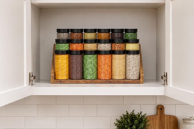 3 Tier Wood Spice Rack Organizer for Cabinet, Super Sturdy Display Riser Shelf Seasoning Organizer for Countertop Pantry Cupboard, Retro Storage Holder for Kitchen Condiment Jar Spice Container