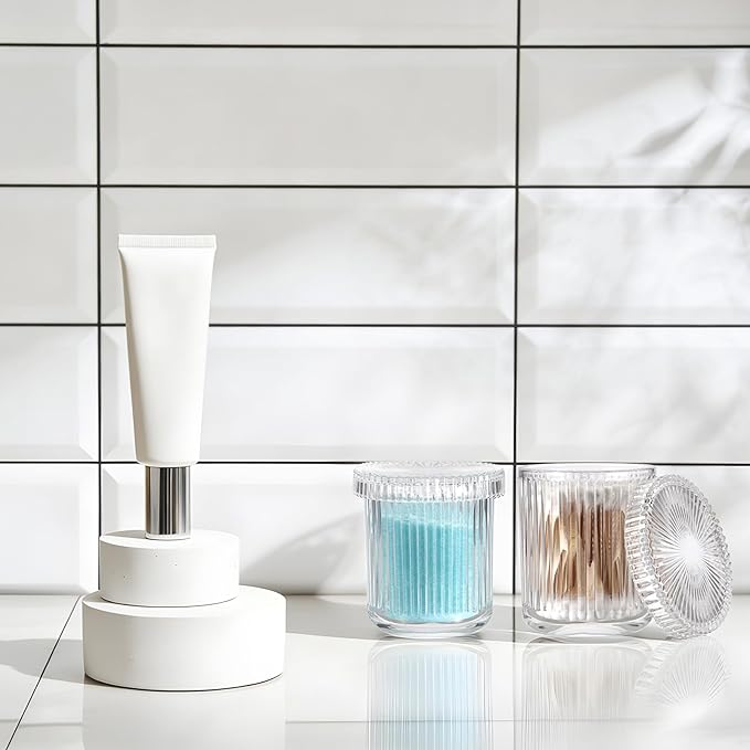 2 Pack Glass Qtip Holder with Lid, Qtip Dispenser Bathroom Storage Jars- Glass Apothecary Jars for Cotton Ball, Swab, Pads, Floss Picks, Bathroom Accessories Organization and Vanity Organizer(Clear)