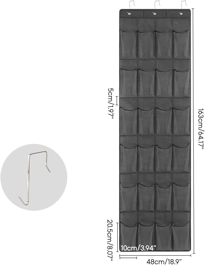 Storage Bag 24/28 Grid Shoes Organizer Over the Door Hanging Shoe Rack Wall-mounted Storage Holder for Bedroom Closets Door Hanger, 48x163cm, Grey