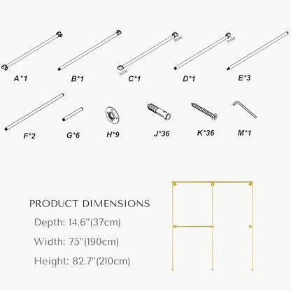 Gold Industrial Pipe Clothing Rack 75" W Wall Mounted, Heavy Duty Iron Garment Rack 150 lbs per Rod, Open Closet Organizer for Bedroom Laundry Room Retail Display