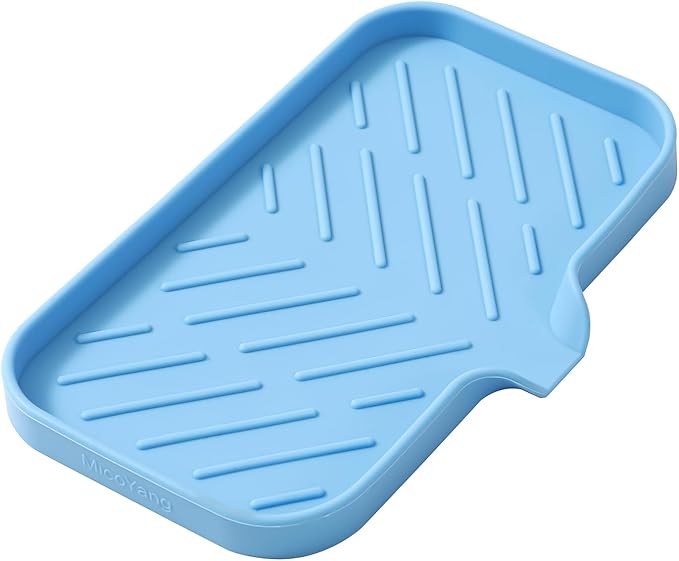 MicoYang Silicone Bathroom Soap Dishes with Drain Spout-Bathroom and Kitchen Sink Organizer,Sponge Holder,Dish Soap Tray,Perfect for Dispenser,Scrubber,Bottle on Sink or Counter-Light Blue 9.6"×5.3"