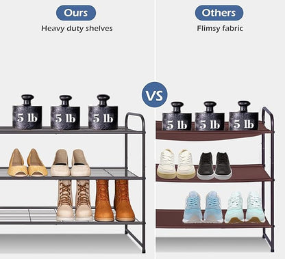 KEETDY Long 3 Tier Shoe Rack for Closet Wide Shoe Storage Organizer Stackable Metal Shoe Shelf for 24 Pairs Men Sneakers with Wire Grid for Closet Floor, Bedroom, Entryway, Bronze
