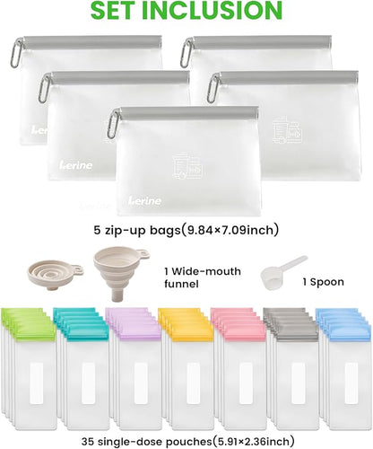 Lerine Protein Powder Travel Container Set, Reusable Protein Powder Container To Go, 35Pcs Single Dose Bags & 5Pcs Large Zip Bags, Portable Supplement Storage Containers with Funnel, Spoon