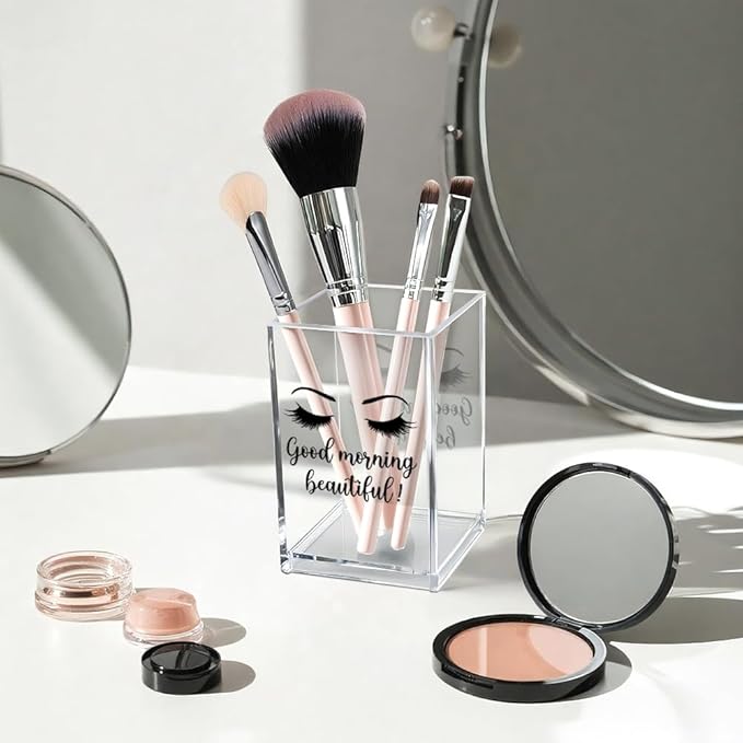 Good Morning Beautiful Acrylic Makeup Brush Organizer Holder, Positive Affirmation Desk Acrylic Brushes Storage, Make Up Artist Gifts, Morning Affirmation Gifts for Women Wife Mom Makeup Lover