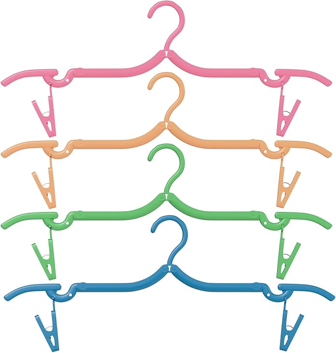 Portable Folding Clothes Hangers with Clips, Travel-Friendly Hangers, Lightweight, Durable, Compact Foldable Drying Rack for Shirts, Dresses, Coats, Pants, Towels, Baby Clothes, Pack of 4, Multicolor