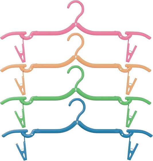 Portable Folding Clothes Hangers with Clips, Travel-Friendly Hangers, Lightweight, Durable, Compact Foldable Drying Rack for Shirts, Dresses, Coats, Pants, Towels, Baby Clothes, Pack of 4, Multicolor