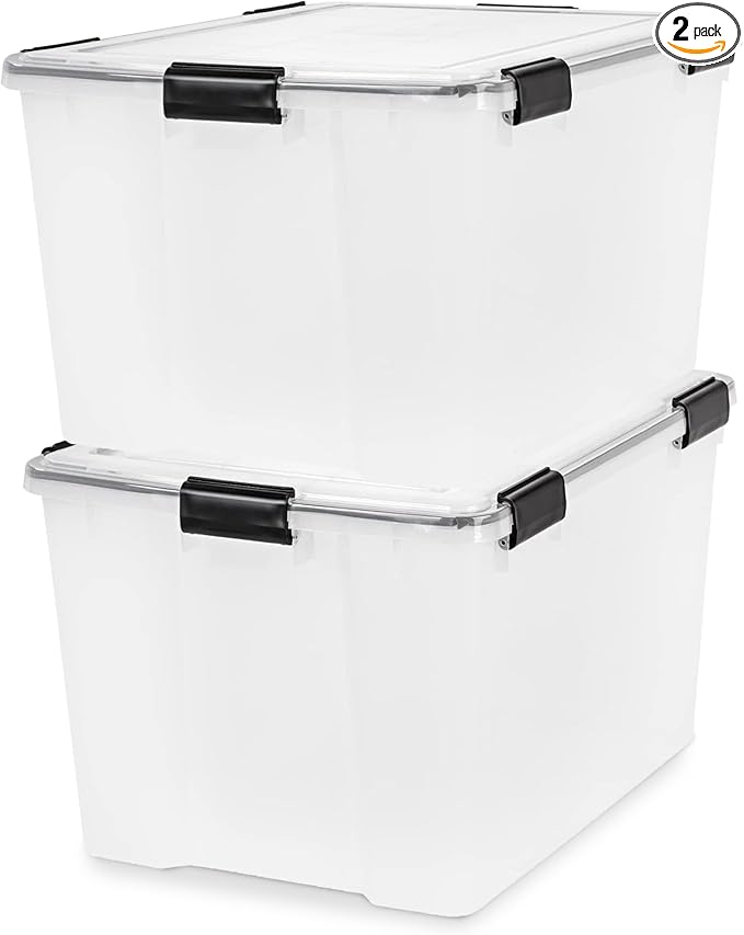 IRIS USA WeatherPro 74 Qt Storage Bins with Lids, 2 Pack, BPA-Free Plastic Gasket Box with Tight Latch and Seal, Stackable Nestable Tote Tub - Clear/Black