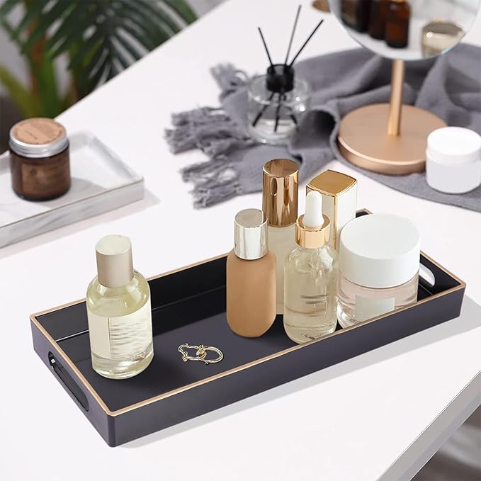 MAONAME Black Bathroom Tray, Plastic Vanity Tray, Narrow Countertop Trays with Handles, Perfume Organizer Trays for Dresser, Bathroom Accessories, 13.8" x 6" x 1.59"
