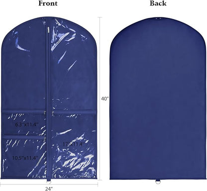 Univivi Kids Garment Bags for Dance Costumes 40 Inch Hanging Dance Costume Bag for Dance Competitions, with 3 Medium Clear Zipper Pockets for Dance Costumes, Closet Storage (Navy Blue) - 4 Pack