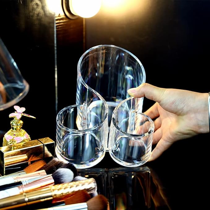 Acrylic Makeup Organizer Cosmetic Storage Display Case Makeup Brush Cotton Ball Pads Swab Q-tip Holder Lipstick Dispenser Canister Bathroom Container (5.5x5.3x4.6in, 3 Partitions, Clear)