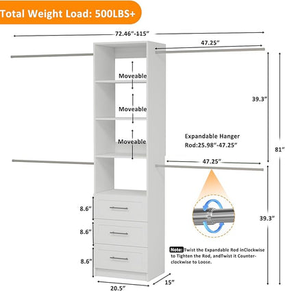 Closet System, 5FT-9FT Closet Organizer System with 4 Expandable Hanging Rods and Moveable Shelves, 115" Walk in Closet System with 3 Wooden Drawers, Custom Built in Closet, Wall Mount