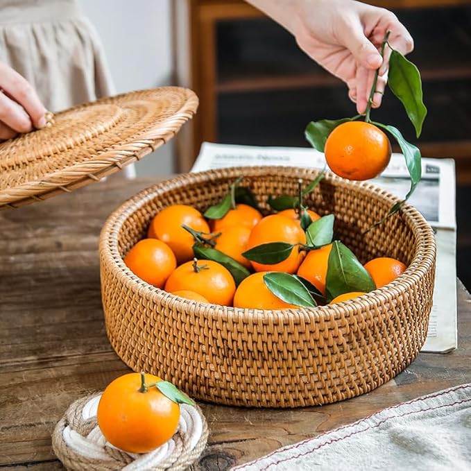 Rattan Basket With Lid, Lidded Wicker Storage Basket for Organizing, Woven Box, Rattan Storage Bin for Shlef or Table, Natural