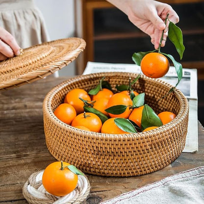 Rattan Basket With Lid, Lidded Wicker Storage Basket for Organizing, Woven Box, Rattan Storage Bin for Shlef or Table, Natural