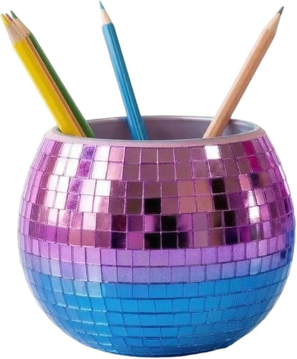 Glass Disco Ball Pen Holder with Smooth Grouting - Premium Mirror Mosaic Pencil Cup for Desk, Cute Makeup Brush Holder, Aesthetic Room Decor Gift (Iridiscente)