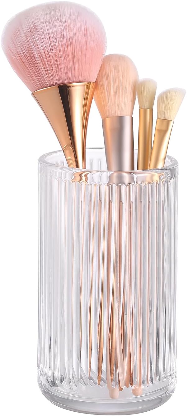 DASITON Makeup Brush Holder Organizer, Crystal Glass Makeup Brushes Storage Holder, Vintage Make Up Brush Cup for Vanity, Pen Pencil Holder for Desk, Toothbrush Holders for Bathroom (Clear L)