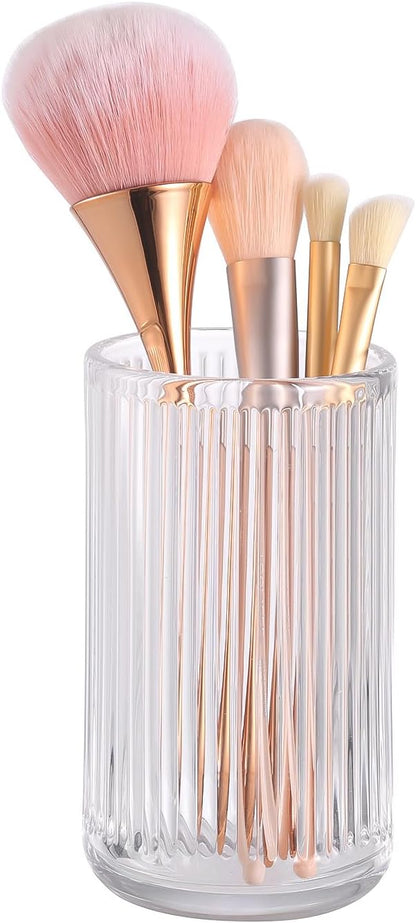 DASITON Makeup Brush Holder Organizer, Crystal Glass Makeup Brushes Storage Holder, Vintage Make Up Brush Cup for Vanity, Pen Pencil Holder for Desk, Toothbrush Holders for Bathroom (Clear L)