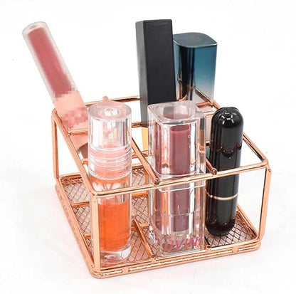 Teensery Metal Wire Lipstick Organizer Rose Gold Lip Gloss Display Stand 9 Slots Lip Stick Storage Holder Makeup Brush Organizer for Cosmetic Makeup and Dresser Display (1 Piece)