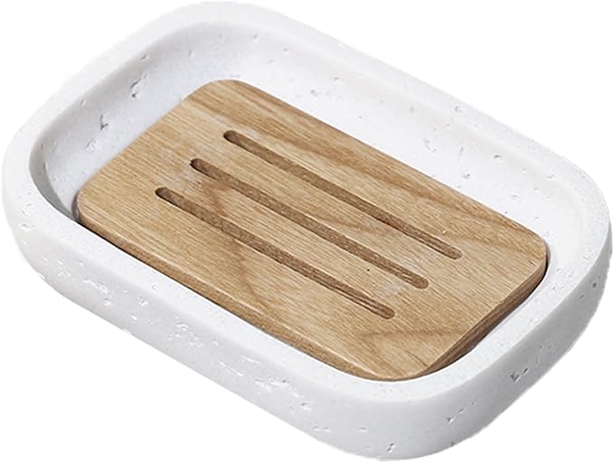 Soap Dish, Resin Wooden Double-Layer Drainage Bathroom Soap Dish, Suitable for Showers, Bathroom Sinks, and Kitchen Countertops (White)