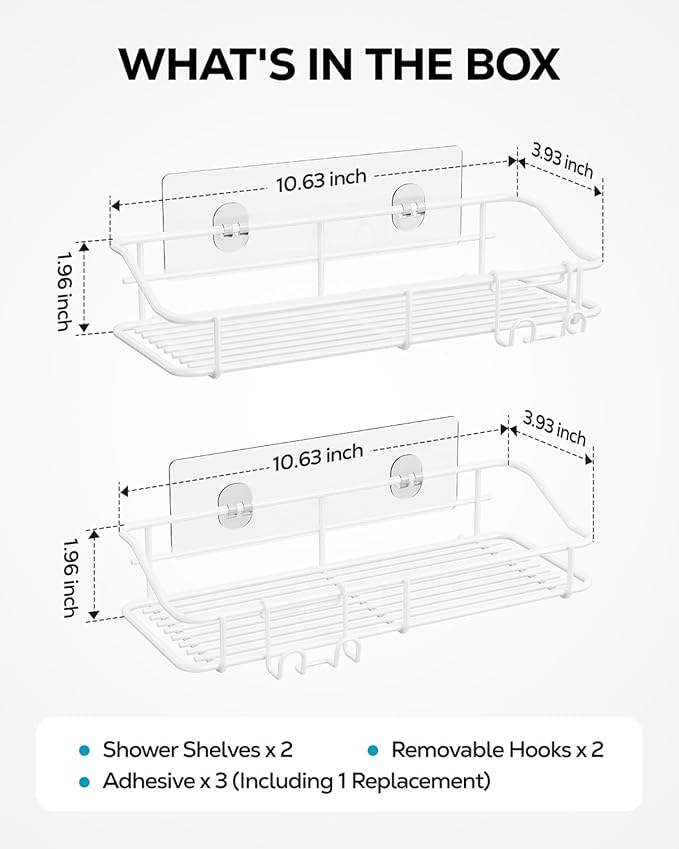 Nieifi Shower Caddy Shelf with Hooks Storage Rack Organizer Adhesive Stainless Steel Without Drilling for Bathroom, Lavatory, Washroom, Restroom, Shower, Toilet, Kitchen - 2 Pack (White)