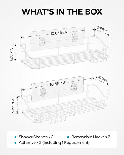 Nieifi Shower Caddy Shelf with Hooks Storage Rack Organizer Adhesive Stainless Steel Without Drilling for Bathroom, Lavatory, Washroom, Restroom, Shower, Toilet, Kitchen - 2 Pack (White)