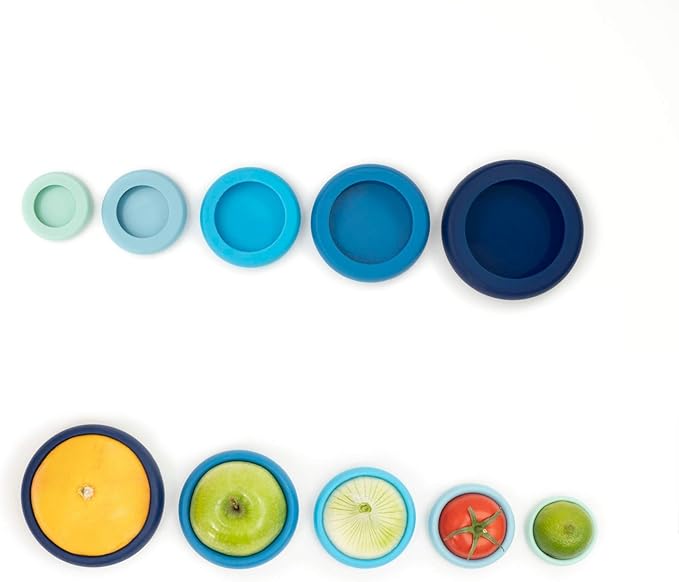 Food Huggers 5pc Reusable Silicone Food Savers | BPA Free | Plastic Free Food Storage | Dishwasher Safe | Fruit & Vegetable Produce Storage for Onion, Tomato, Lemon, Banana & Cans | Round, Ice Blue