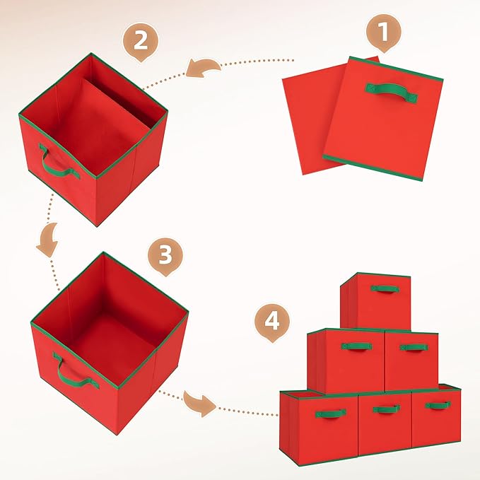STORAGE MANIAC Storage Cubes, 11 Inch Durable 6 Pack Storage Shelf Basket for Christmas, Fabric Foldable Collapsible Bins with Handles for Organization, Closet, Shelves, Offices, Toys, Red