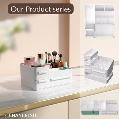 CHANCETSUI Makeup Organizer with Drawers, Makeup Desk Organizer, Bathroom Countertop Organizer for Cosmetics, Vanity Holder for Lipstick, Makeup Brush Holder, White
