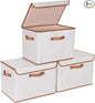 Univivi Heavy Duty Fabric Storage Bins with Lid, Large 17" 10 Gallon Stackable Storage Bins with Leather Handles, Decorative Storage Boxes with Lids for Bedroom, Closet, Nursery, Office, 3-Pack(Beige)