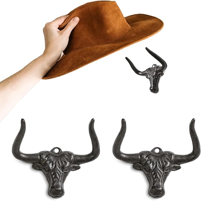 Cowboy Hat Hook for Wall 2 Pack Cast Iron Cowboy Hat Hanger Metal Hat Holder Cowgirl Hat Rack Vintage Western Wall Decor Longhorn Hooks for Hat Storage and Organization Cow Decor Western Gift Rust