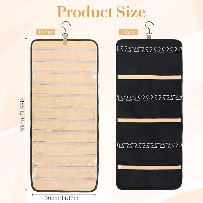 Hanging Jewelry Organizer Storage Roll with Hanger Metal Hooks Double-Sided Jewelry Holder for Earrings, Necklaces, Rings on Closet, Wall, Door,Large 14.17' x 33.07'',black