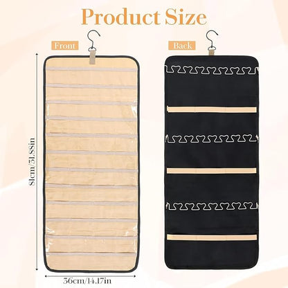 Hanging Jewelry Organizer Storage Roll with Hanger Metal Hooks Double-Sided Jewelry Holder for Earrings, Necklaces, Rings on Closet, Wall, Door,Large 14.17' x 33.07'',black