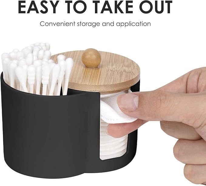Adorila Compact Cotton Pad & Swab Holder with Bamboo Lid, Dust-Free Space-Saving Bathroom Vanity Organizer for Floss (Black)