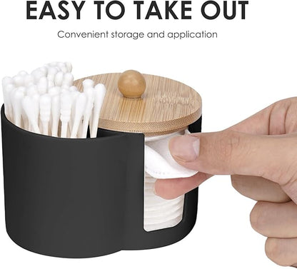 Adorila Compact Cotton Pad & Swab Holder with Bamboo Lid, Dust-Free Space-Saving Bathroom Vanity Organizer for Floss (Black)