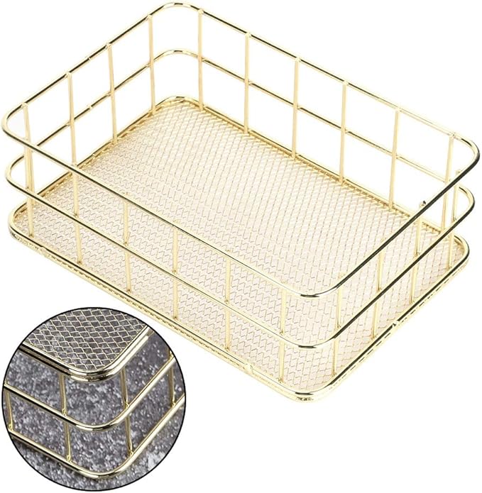 Wire Mesh Basket, 6.7 x 4.7in Golden Desktop Metal Storage Baskets Iron Grid Storage Tray Net Basket Storage Bins for Home Cosmetic Stationery