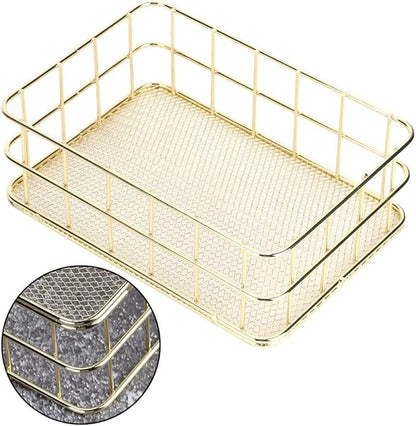 Wire Mesh Basket, 6.7 x 4.7in Golden Desktop Metal Storage Baskets Iron Grid Storage Tray Net Basket Storage Bins for Home Cosmetic Stationery