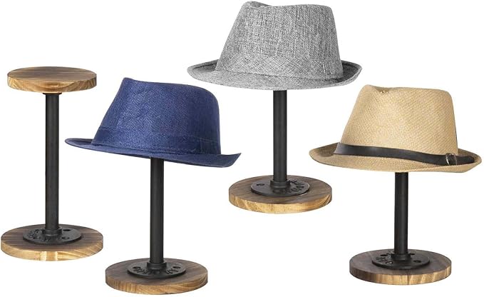 MyGift 4 Pcs Hat Rack Stand, Cowboy Hat Holder, Baseball Cap Organizer Storage, Tabletop Wig Display Stand, Jewelry Pedestal, Rustic Burnt Wood and Black Metal Pipe