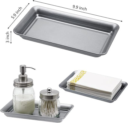Vintage Farmhouse Decor Metal Vanity Tray(2 Pack),Countertop Guest Hand Towel Storage Organizer Tray Dispenser, Sturdy Holder for Perfume,Cosmetics, Jewelry, Makeup Bathroom Organizer (Silver)