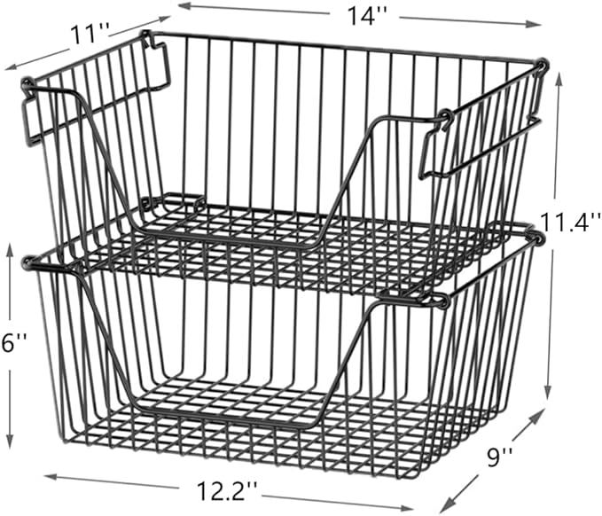Slideep Wire Storage Baskets, Freezer Baskets Farmhouse Stackable Organizer Storage Bins Large Organizer for Storage, Office, Bathroom, Pantry Organization Storage with Handles 14" Black -Set of 3