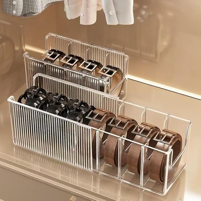 Belt Organizer-2 Pack，Lingerie Organizer for Drawer，Clear Extendable Stackable Storage Bin，for Wardrobe Drawers, Stores Belts Ties Underwear Face Masks