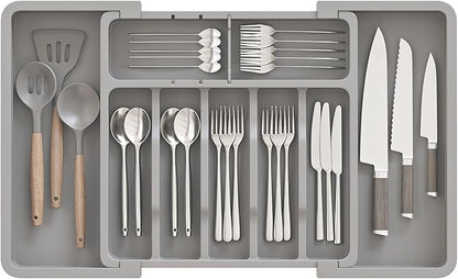 ABHENG Silverware Organizer, Expandable and Adjustable Kitchen Utensil Drawer Organizer, Plastic Cutlery Holder with Multiple Compartments, Cutlery Holder,for Spoons Forks Knives, Grey, UAFD011G