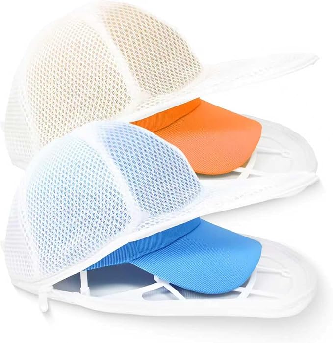 Upgraded Hat Washer with Mesh Laundry Bags, 2-in-1 Baseball Cap Cleaner & Shaper for Washing Machine & Dishwasher, Reusable Cap Protector for Adult & Kids (White - 2 Pack)